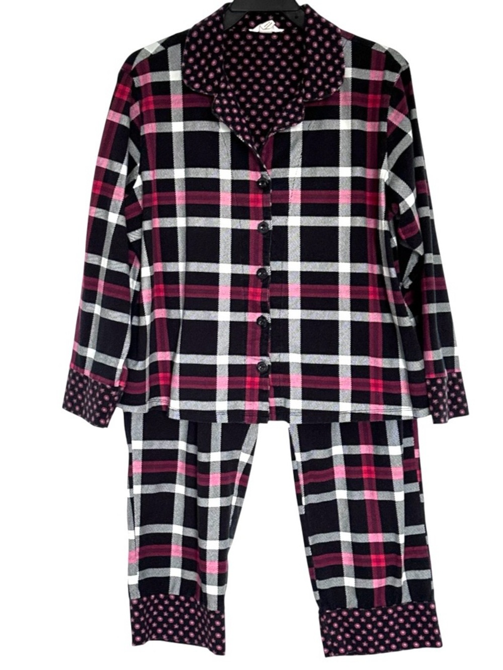2PC Vera Bradley Pajama Set Women’s Large Plaid Cotton Button Up Top Crop Pants
